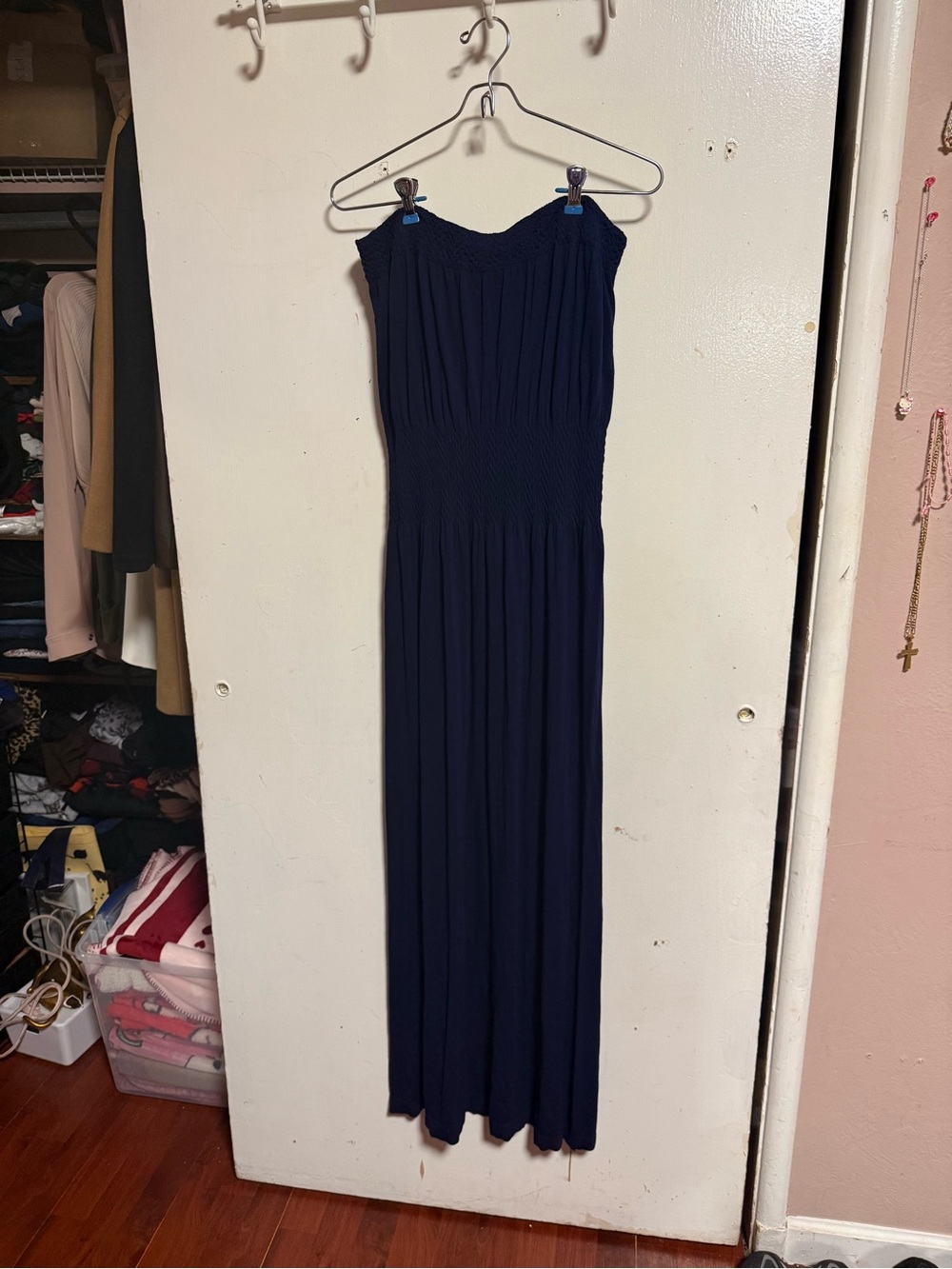 Strapless Navy Maxi Dress with Smocked Waist
